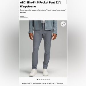 NWOT Lulu Lemon ABC Slim-Fit 5 Pocket Pant 30"L size 28 waist color gray